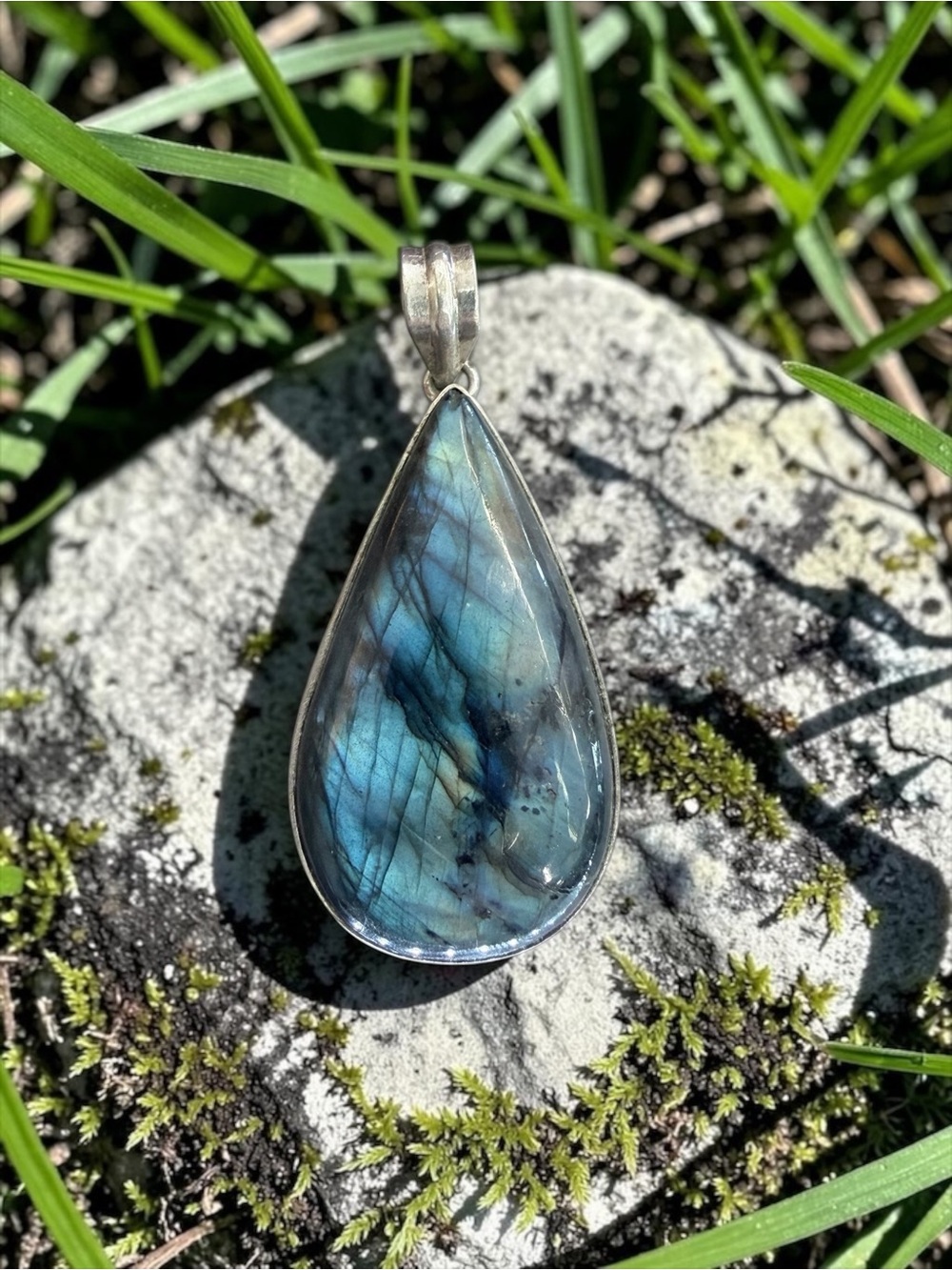 Sterling Silver Labradorite Teardrop Pendant Necklace - Blue-Green Stone